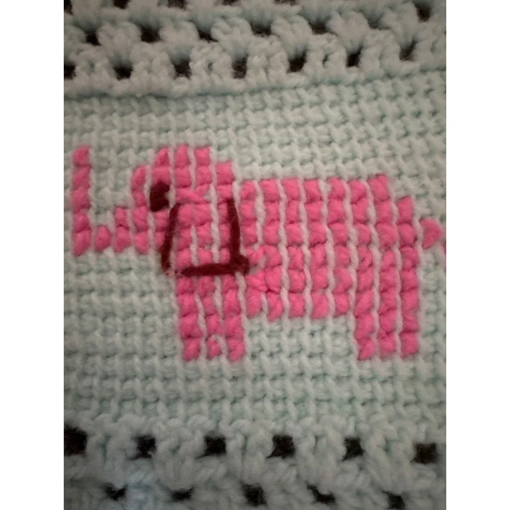 Vintage Handmade Crochet Baby Blanket Animal Cross Stitch Mint Green 34x31